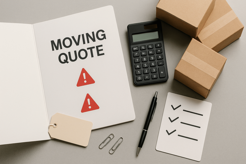 Moving quote flat lay with calculator and boxes, highlighting hidden fees in Singapore.