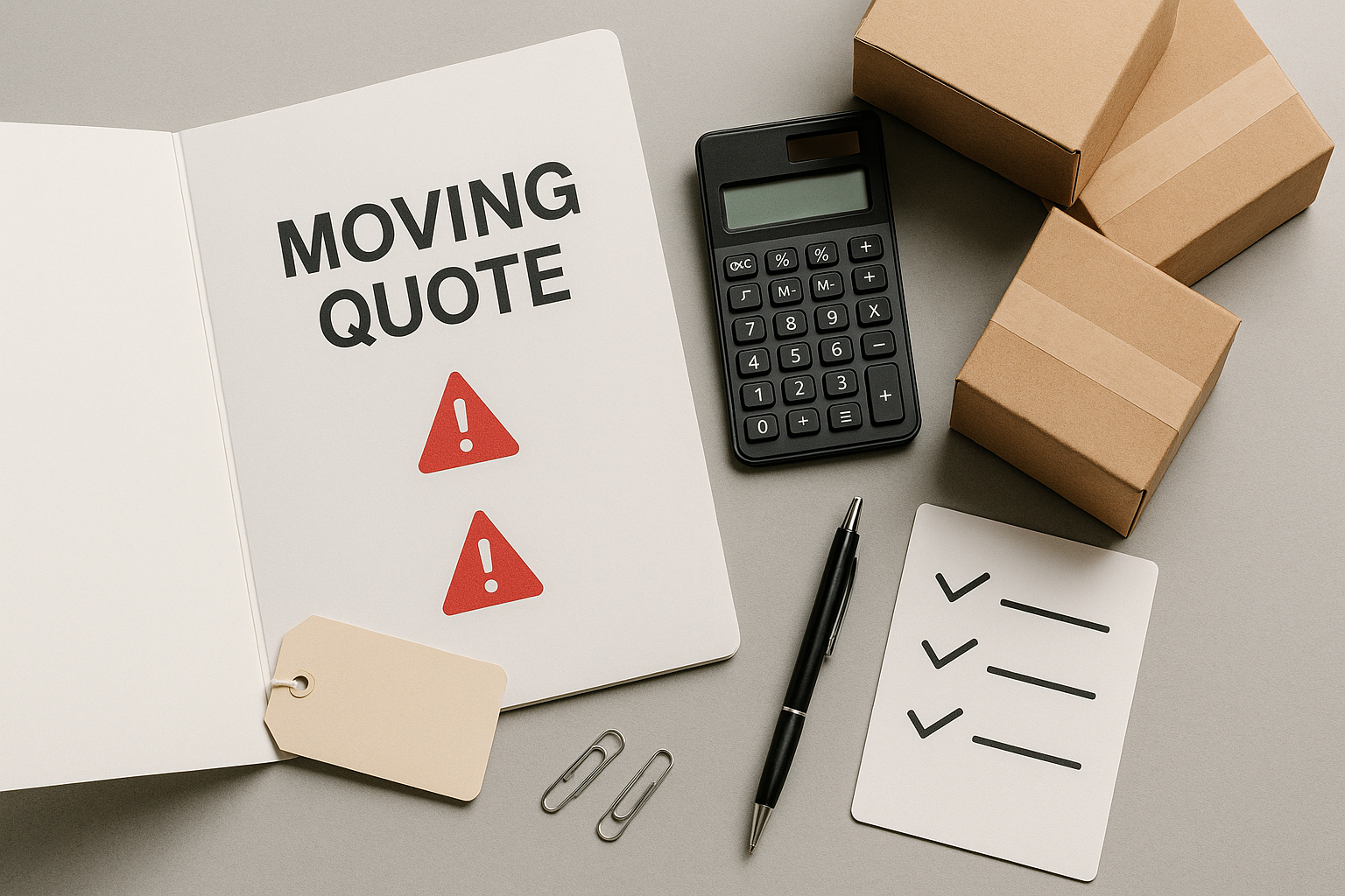 Moving quote flat lay with calculator and boxes, highlighting hidden fees in Singapore.